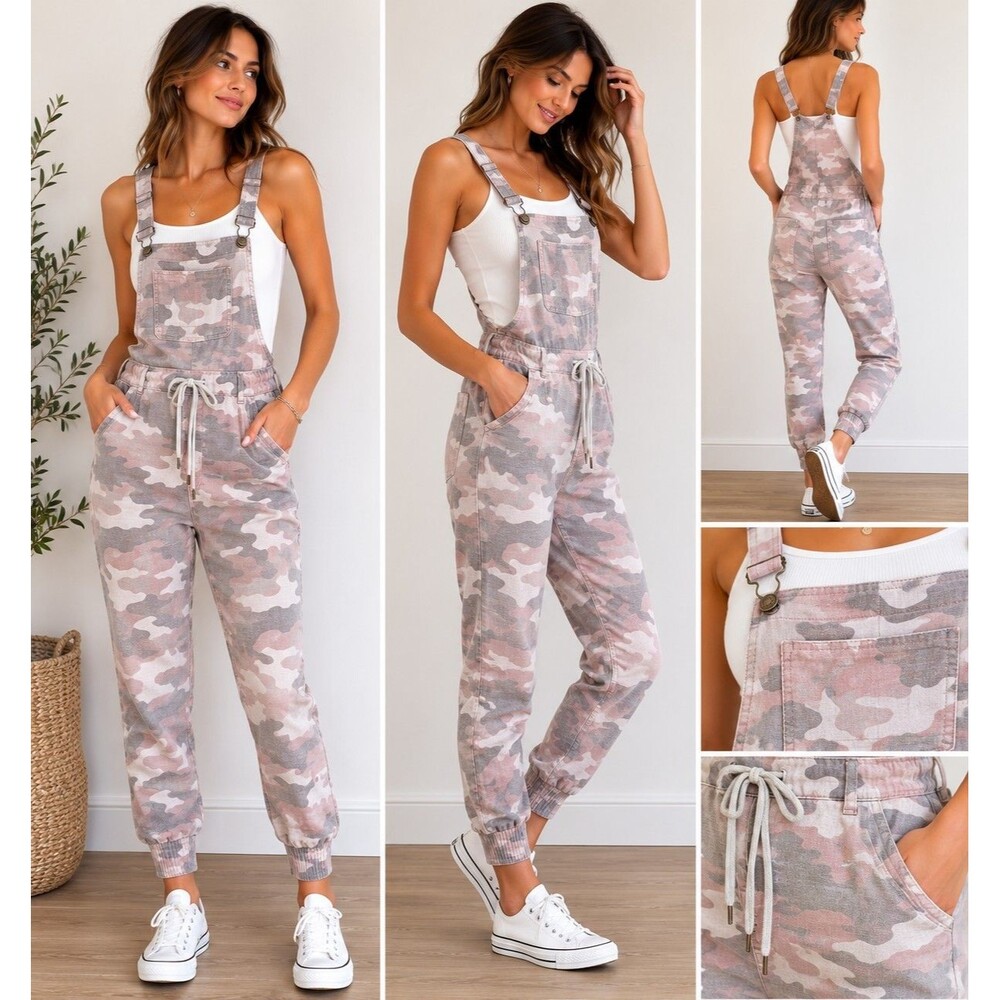 WALLFLOWER Women's Camo Overalls Jumpsuit Size S Pink Gray Drawstring Jogger